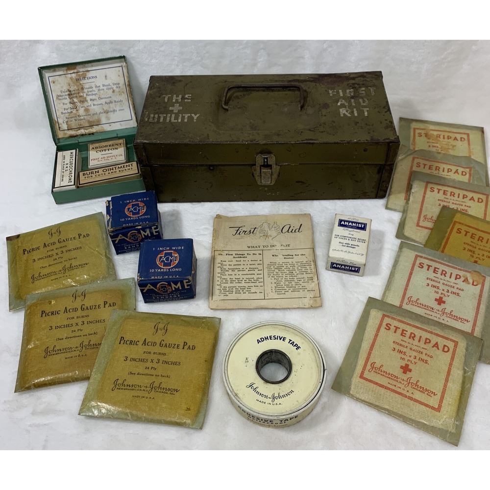 Vintage Medical First Aid Box Kit Green Metal Anahist Acme Johnson Mercurochrome